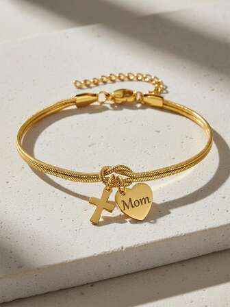 ZIRUISP 1pc Elegant Gold Heart Knot Bracelet With Mom Heart & Cross Pendant, Fashionable Snake Chain Wristband, Christian Religious Jewelry, Gift For Mother, Wife, Grandmother