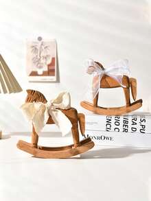 1pc Handcrafted Wooden Rocking Horse Decor, With Ribbon, Vintage Countryside Style Desk Ornament, Suitable As Friend's Commemorative Gift Or Decorative Accessory - Multicolor - View 3