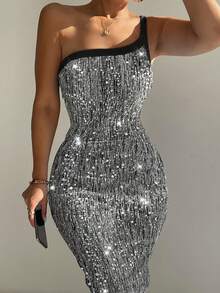 Women One-Shoulder Allover Sequin Lurex Strap Bodycon Midi Dress Stylish Evening Party Formal Dress - Silver - View 3