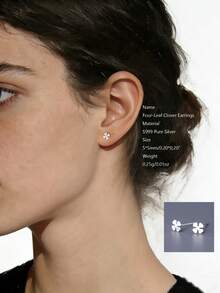 1pc S999 Pure Silver Stud Earrings, Minimalist & Versatile, Suitable As Valentine's Day, Mother's Day, Holiday Gift - White Gold - View 9