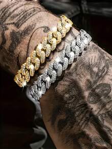 1pc Punk Hip-Hop Thick Chain Bracelet, Shiny Zirconia Crystal Cuban Link Bracelet, Suitable For Men And Women Daily Wear