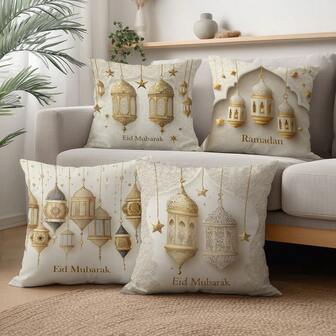 4 st Ramadan Vintage Blommönster Vitguld Lykta, Stjärn- & Månedesign Kuddfodral, 2D Enkelsidigt Mjukt Persika Sammetsmaterial, 45*45CM Örngott Lämpligt För Hem Inomhus Sovrum Vardagsrum Festdekor, Soffa Dekorativt Örngott Ramadan Gåva, Ingen Kuddinsats