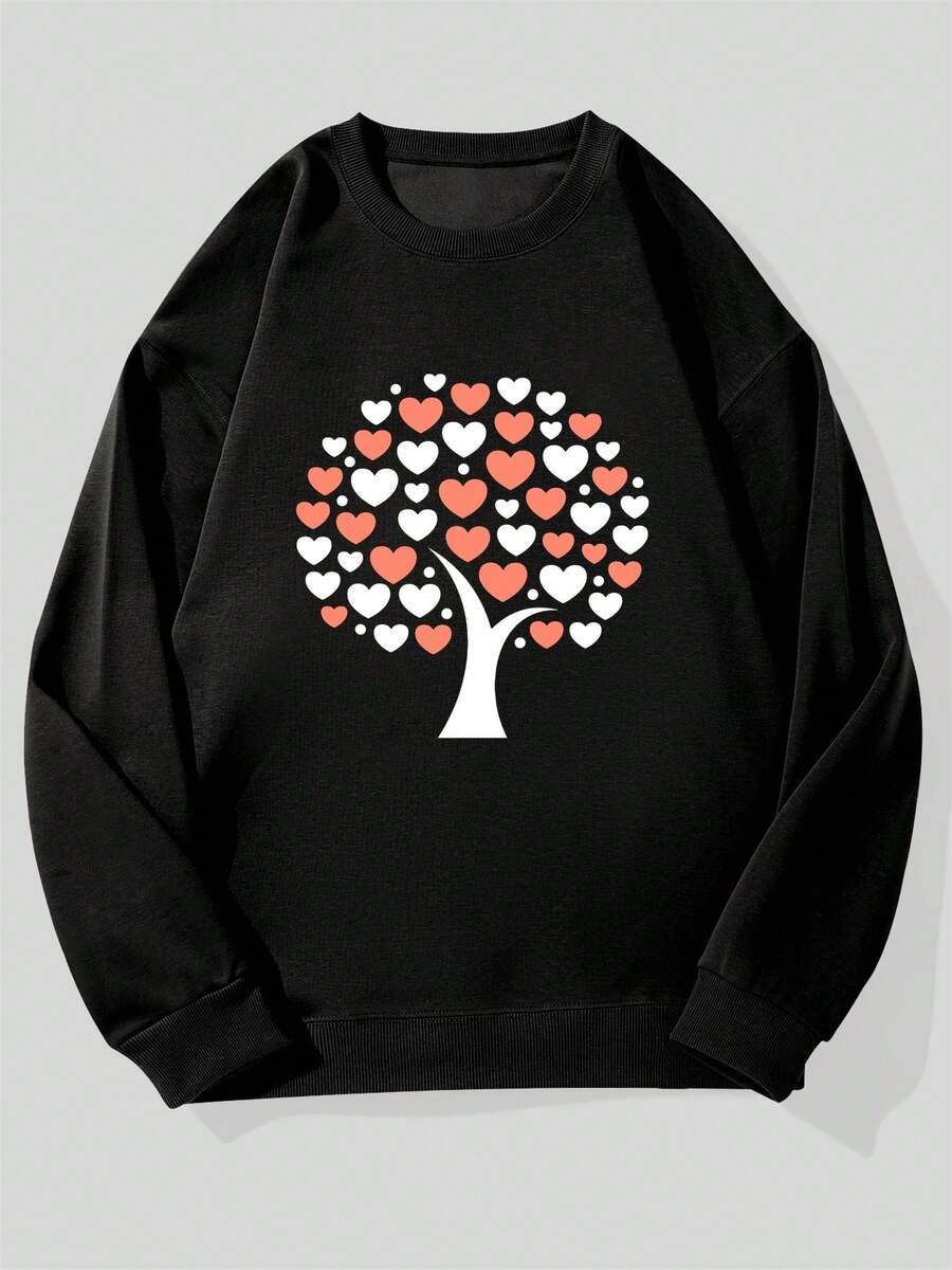 Men's Casual Crew Neck Sweatshirt With Heart Tree Pattern - 黑色 - 查看 1