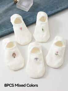 4/5双装女士纯色罗纹踝部衬里短款隐形袜，薄款防滑隐形船袜，四季皆宜 - 彩色 - 查看 15