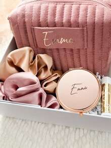 4pcs/Set Personalized Bridesmaid Makeup Bag Set, Customized Velvet Makeup Bag Set, Personalized Gift Set, Includes 1 Makeup Bag, 1 Mirror, And 2 Scrunchies, Customized Makeup Bag, Personalized Bridesmaid Wedding Gift, Customized Velvet Makeup Bag, Travel Toiletry Bag, Bridesmaid Proposal Gift, Valentine's Day Gift, Ramadan Gift - Multicolor - View 11