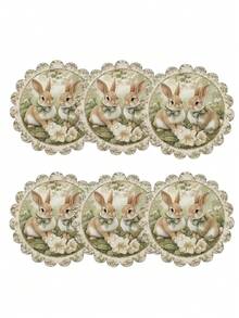 一套4/6个复活节兔子、彩蛋和郁金香图案圆形餐垫，复活节快乐装饰餐垫，防滑布艺桌垫，耐热，仅限干洗，节日餐饮和派对装饰 - 15英寸 - 彩色 - 查看 8