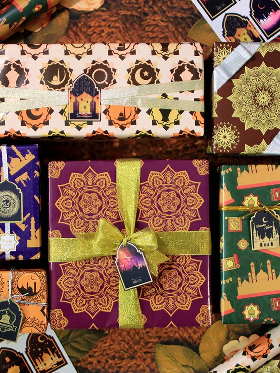 6pcs Elegant Holiday Gift Wrapping Paper, Islamic Muslim Party Supplies, Crescent Moon & Star Pattern With Gold Accents, Suitable For Birthday, Anniversary And Holiday Celebrations, Complex Design Paper, Polypropylene Material, Holiday Gift Wrapping Paper - Multicolor - View 1