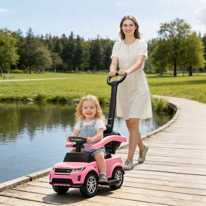  AIYAPLAY Land Rover Discovery Licensed Ride On Car, 2-In-1 Baby Push Car With Removable Push Handle, Foot To Floor Slider With Storage, Protective Guardrail, For Toddlers 18-36 Months, Pink