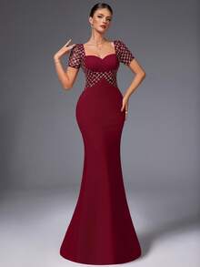 VIPGIRL Elegant Burgundy Mesh Beaded Sheath Evening Dress, Short Sleeve Formal Gown With Illusion Waist, Luxury Bodycon Long Dress For Women,Cocktail Dress,Evening Dress Women Dresses,Quick Ship Women ﻿