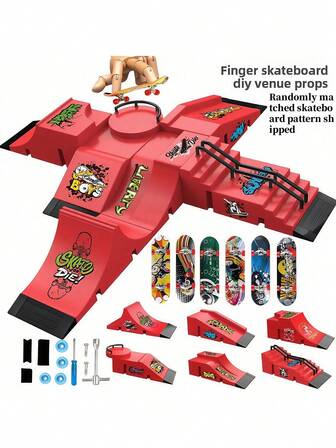 6-i-1 greppbrädesrampset, inklusive halfpipe-ramp, greppbrädesskateboard, fingeråkningsträningstillbehör, interaktivt freestyle-skateboardspel, skateboardmönster i slumpmässig färg och hjultillbehör