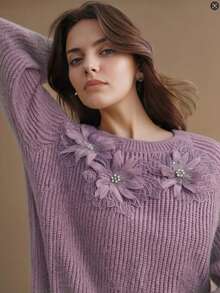 Pulover cu mânecă lungă, cu imprimeu floral, casual, cu nervuri și perle, pentru femei, toamnă/iarnă