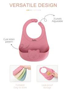 1pc Personalized Customization Name Baby Silicone Bib Cute Cat Design Adjustable Waterproof Feeding Bib Custom Baby Tableware Easy Clean Kids Gift - Multicolor - View 6
