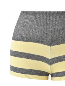 Women Striped Knit Micro Shorts Fold Over Elastic Waist Slim Fit Mini Bottom Y2k Lounge Sweater Shorts - 黃色 - 查看 5