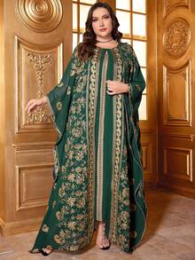 Plus Size Contrast Color Embroidered Applique Batwing Sleeve Dress (Random Embroidered Cuffs) - Dark Green - View 4