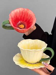 1 Set French Ceramic Cup, Baking Tray, High-Quality Water Cup, Tulip Tray Design, Coffee Cup & Saucer Set, Tea Cup & Plate - Flower Cup 4 Colors - View 3