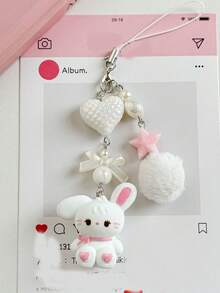 1pc Cute Cartoon Pendant, Rabbit Phone Strap With Heart, CCD Camera Lanyard Plush Ball Keychain, Gift For Couples, Birthday, Friends - Multicolor - View 9