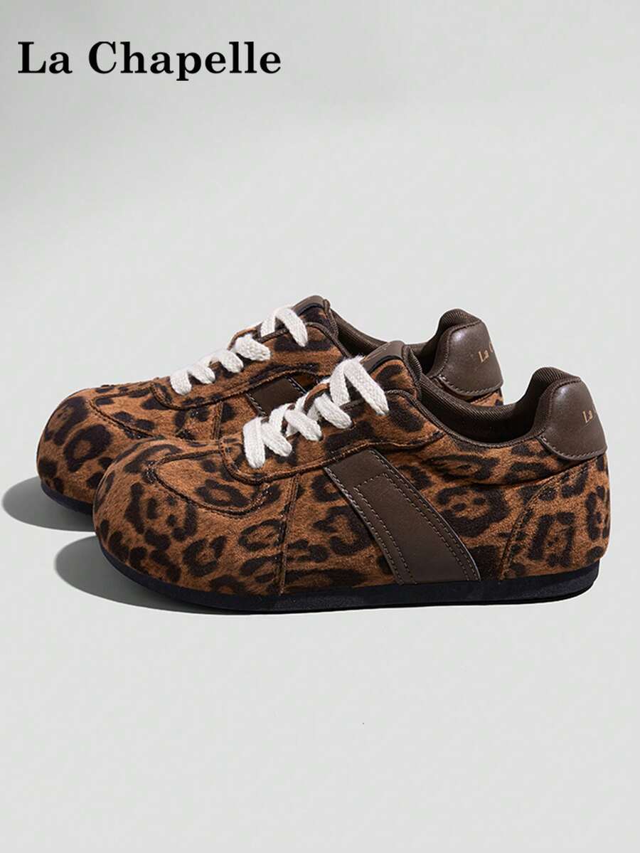 1双 La Chapelle 女士厚底系带软底休闲鞋，低帮户外平底鞋，圆头低跟纯色优雅软底徒步鞋，适合学生毕业照，女士低帮皮质运动鞋 - 豹紋 - 查看 1