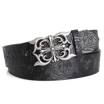 1pc Bohemian Style Black Faux Leather Belt With Vintage Oval Hollow Buckle - Versatile, Suitable For Dresses And Casual Wear, Ideal Accessory For Autumn/Winter, Suitable For Teenagers, Young Adults, Men, For Casual, Outdoor, Sports, Vacation, Graduation Gift, Birthday, Daily Wear
