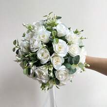 伴娘及新娘捧花、胸花、婚礼配饰、仿真丝玫瑰捧花、婚礼宴会桌中心装饰、家居装饰、新娘 - 白色 - 查看 4