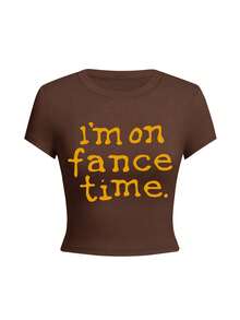 Women's Round Neck Short Sleeve T-Shirt, American Style Babe, Summer New Letter Print, Slim Fit Fashion Cropped Top - Brown - View 3