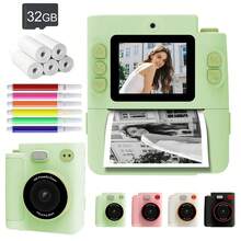 即时打印相机，即刻打印美好回忆！二合一便携式相机和照片打印机 – 4800万像素高清玩具相机，内置贴纸打印机和1080P视频功能 | 1300mAh可充电电池，轻巧易用 | 生日/圣诞节/旅行的完美礼物（可选：单机版或含32GB存储卡和相纸补充包）#即时相机 #照片打印机 #玩具相机