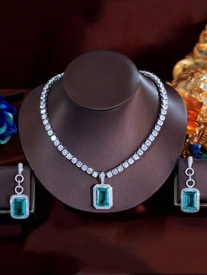 1 Set Big Blue Baguette Zirconia Crystal Long Drop Earrings And Tennis Pendant Charm Necklace, Women Silver Plated Cubic Zirconia Jewelry Set For Wedding, Engagement, Banquet, Pageant, Party, Prom, Brides, Bridesmaids, Girlfriends, Wife, Mother Gift