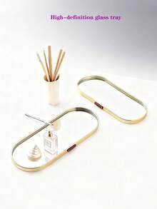 1件北欧轻奢玻璃镜面椭圆形金色收纳托盘（S、M、L 可选），铝合金和玻璃材质 - 多功能收纳架，大容量精致展示托盘，珠宝托盘，装饰托盘，适用于化妆刷、化妆品、口红、装饰品、香薰、香水、珠宝、钥匙盒 - 适用于客厅、卧室、浴室、酒店、家居装饰、派对、情人节礼物 - 彩色 - 查看 3