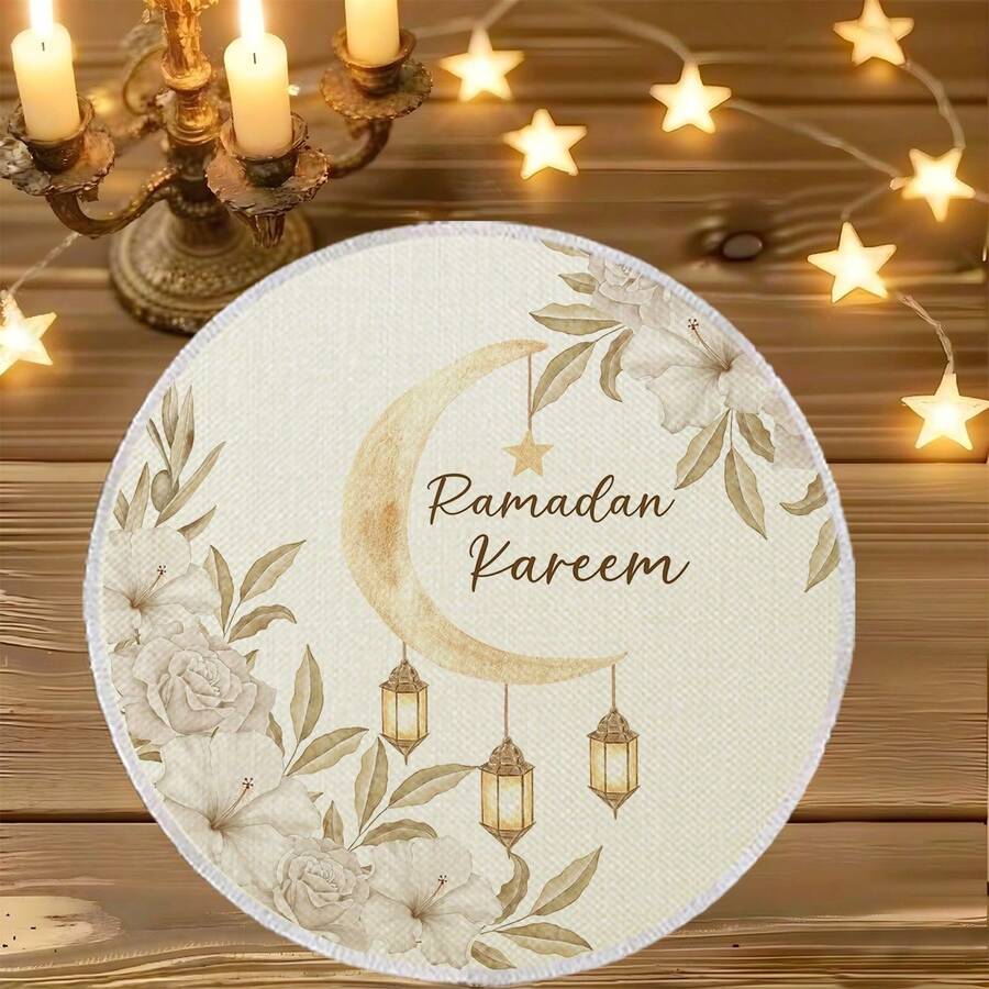1/4/6pcs Middle Eastern Festival Series Round Placemats, Floral & Crescent Moon Decor, Golden Lantern Pattern, Polyester Placemats, Heat Insulation Pads, Kitchen Decor Table Mats, Western Dining Table Mats, Tabletop Decorations