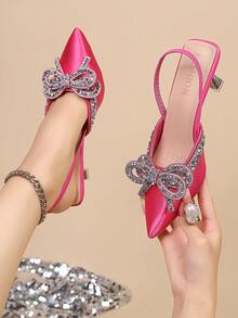 Sandales mules à nœud en cristal Automne/Hiver 2025 Femmes Sandales d'été à bout fermé Talons hauts Mode Sandales sans dos à bride à la cheville, Élégantes, Escarpins femme, Talons Kitten, Tenues de soirée, Talons pointus - Rose vif - Voir 8