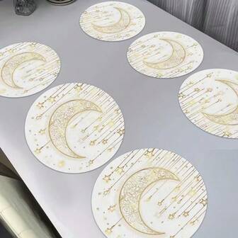 2/4/6-delige set eenvoudige en elegante placemats met Ramadan-thema en maan- en lantaarnpatroon - 38 cm ronde tafelmat, geschikt voor bijeenkomsten, diners en feestdecoratie. Geschikt voor huisdecoratie, feesttafeldecoratie, landelijke feestdecoratie, landelijke stijl, wasbare matten, duurzame materialen, feesttafeldecoratie en thuisentertainment.