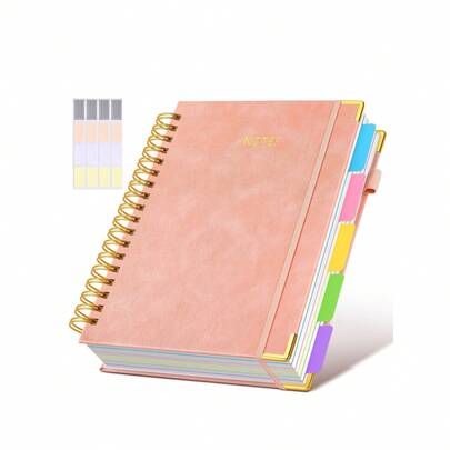 A5-storlek spiralbunden anteckningsbok med 5 ämnen, omslag i konstläder, avtagbara avdelarflikar, 100 g/m² linjerat papper, lämplig för arbete, studier, anteckningar, kvinnor, rosa