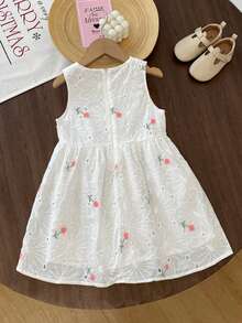 Girls' Casual Sleeveless Dress, Korean Style Embroidered Floral Princess Dress, Minimalist Tank Dress, Summer - White - View 2