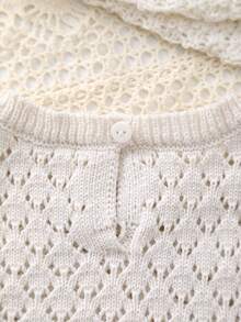 Baby Girls' Cute Sweet Hollow Design + Clever Contrast Sleeve Knit Crew Neck T-Shirt, Breathable And Cooling, Suitable For Summer Indoor Or Layering - 杏色 - 查看 6