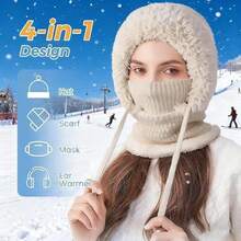Genérico Women's 3 in 1 Beanie Hat Scarf Mask Set - Warm Knitted Winter Balaclava, Windproof Cold Resistant Outdoors Ski - Negro - Ver 2