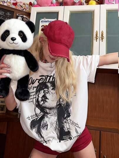 Women's Round-Neck Short-Sleeve T-Shirt, Summer New Portrait Pattern Print, Fashionable Casual Versatile Loose Top