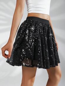 Girls' Party Sequin Mesh Mini Skirt (YY149) - Black - View 4
