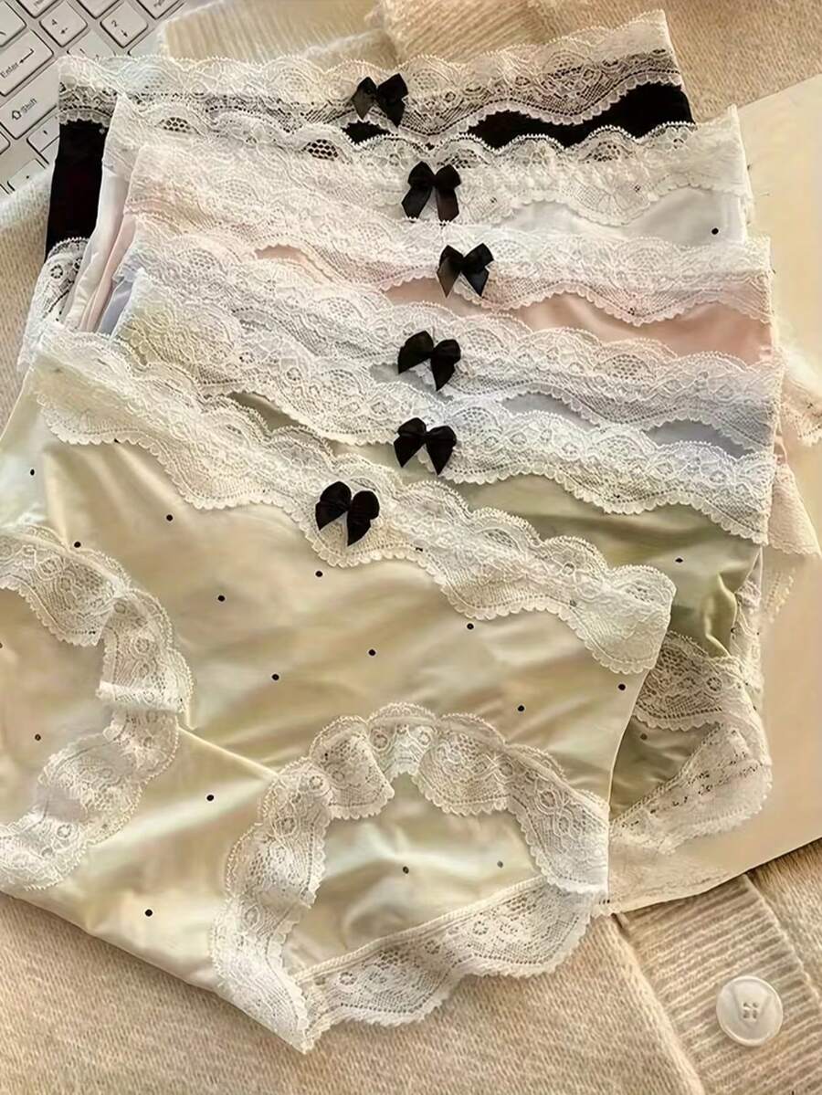 6-Piece Set Of Women's Lace Bow Polka Dot Comfortable, Cute, And Sexy Panties, Colors Randomly Selected - Màu sắc hỗn hợp - Xem 1