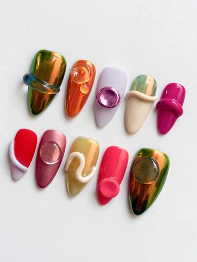 10Pcs Press On Nails Handmade Almond Shaped Nails, Colorful Cute Nails, Spring/ Summer Nails, Molded With 3D Lines & Round Balls, Unique Thick Acrylic & Muti-Layer Gel False Nails DIY Art Decorate, Suitable For Daily Wear By Women & Girls, As A Fashionable Gift For Work, Valentine's Day, New Year, Festival, Travel, Birthday Nail With Jelly Glue & Nail File Nail Supplies Nails