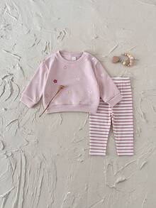 2件組女嬰服裝 粉色花卉刺繡肩扣衛衣與長褲 春秋款 - 粉色 - 查看 7