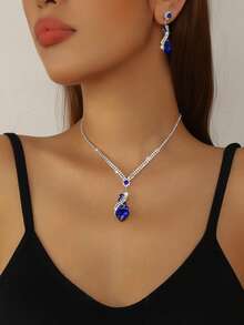 3pcs/Set Exquisite Women's Jewelry Set, Featuring Elegant Teardrop Pendant, Luxurious Design, And Sparkling Diamonds, Overall In Blue Tone. The Set Includes A Heart-Shaped Necklace, Perfect For Parties, Celebrations, Daily Wear, And As A Thoughtful Gift. - Blue - View 1