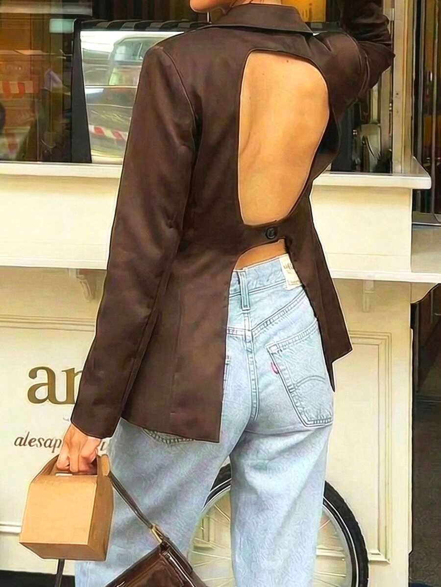Women's New Fashion European And American Style Versatile Backless Satin Casual Long Sleeve Blazer - Brown - View 1