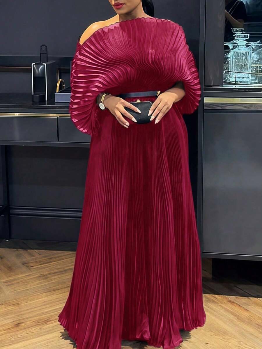 Magic Mia Naija Style Black Pleated Maxi Dress - Elegant Mesh Formal Gown With Stretchy Maternity Waist, Nigerian Wedding Guest Dress For Photoshoots/Birthday Parties/African Events (Long Sleeve) - 酒紅色 - 查看 1