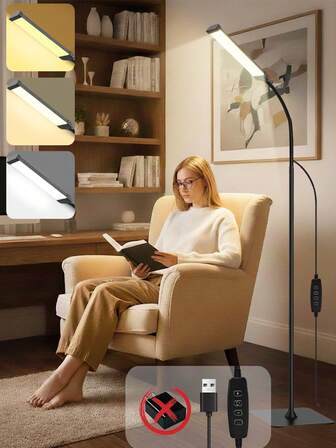 1 st. 120 LED golvlampa, USB-dimbar läslampa, 3 färgtemperaturer, 10 ljusstyrkenivåer, modern stående lampa med svanhals, justerbar höjd, lämplig för kontor, sovrum, hantverk, sömnad, manikyr etc. (adapter ingår ej)