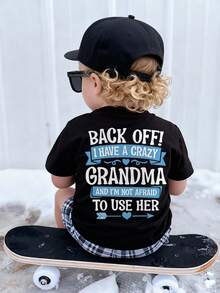 1件装幼儿男童创意卡通图案字母标语印花基础款圆领短袖T恤，休闲时尚男童服装 - 黑色 - 查看 1