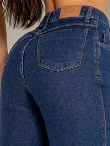 Women's Black Wide Leg Jeans, High Waist, 100% Cotton, No Lycra - 深色洗 - 查看 5