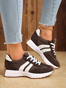 Women's Comfortable Lace-Up Sneakers - Lightweight Multifunctional Casual Shoes, Non-Slip Rubber Sole, Suitable For All Seasons - Brown - View 3