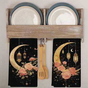 1/1/2 ชุดผ้าเช็ดครัวลายเดือนรอมฎอน - ดูดซับได้ดี, ผ้าเช็ดจานใยโพลีเอสเตอร์เนื้อนุ่ม, ออกแบบด้วยโคมไฟสีทองและลายพระจันทร์เสี้ยว, สไตล์เรียบง่ายและสง่างาม ขนาด 40 * 60 ซม. - เหมาะสำหรับการทำอาหารและอบ, เหมาะสำหรับตกแต่งห้องนั่งเล่น, ห้องครัว, ห้องรับประทานอาหาร และงานเลี้ยงวันหยุด และสามารถใช้เป็นของขวัญขึ้นบ้านใหม่ได้