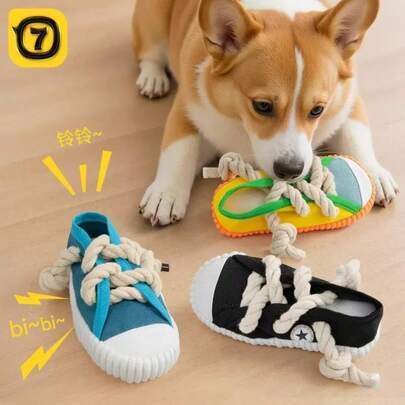 This One-Piece Dog Chew Toy Has A Sneaker-Shaped Design, Featuring Rope Knots And A Squeaky Ball. Made Of Durable Oxford Cloth, It's Suitable For Dogs Weighing 8-25 Lbs. It Has An Interactive Sound Generator Built-In, Making It Great For Indoor And Outdoor Play For Puppies/Small/Medium Dogs.