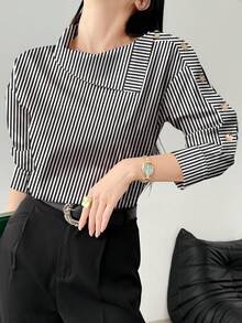 Women's Striped Asymmetric Collar Long Sleeve Button Design Loose Blouse - Black and White - View 6