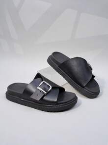 1 Pair Kids Adjustable Buckle Strap Slides | Unisex Toddler/ Little Kid Soft EVA Non-Slip Slippers | Minimalist Open-Toe Flat Sandals For Daily Home/Beach/Casual Wear - Black - View 1